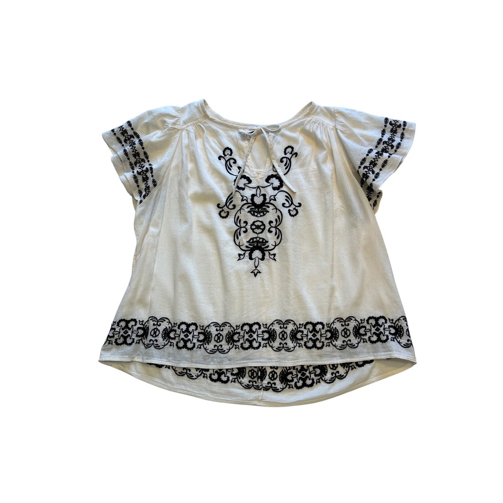 Old Navy Cream Black Embroidered Boho Peasant Short Sleeve Blouse Top Size L